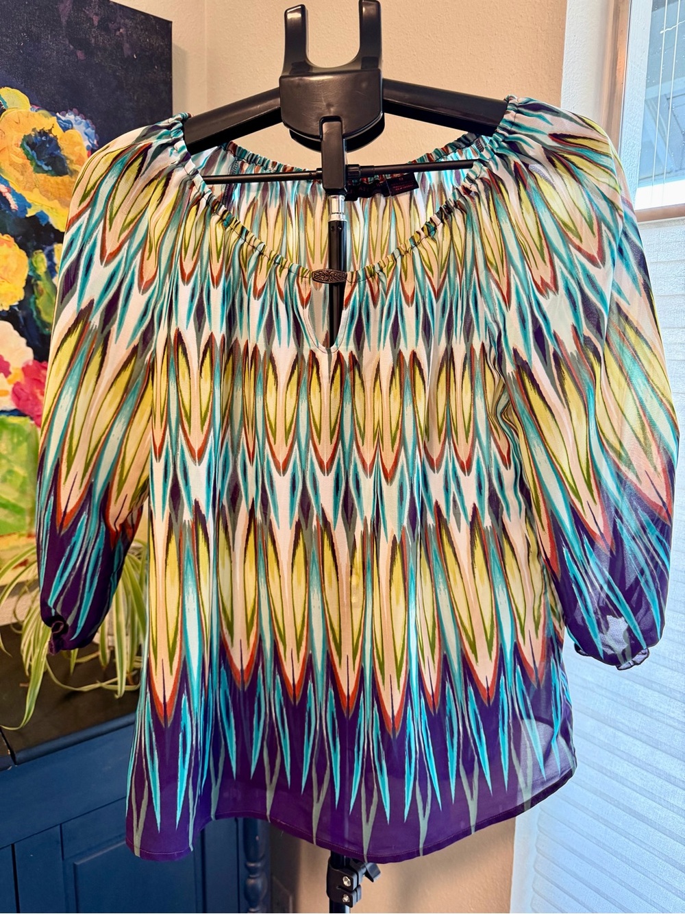 Hayley Matthews M Multicolor Abstract Ikat Peasant Blouse